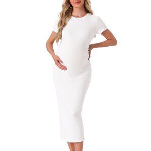 Maternity Bodycon Side Ruched Wedding Midi Ribbed Short Sleeve Dress White